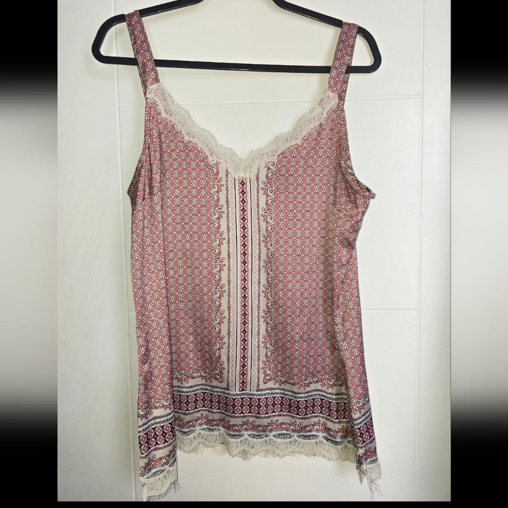 White House Black Market Wmn's  tank shell Coral Satin Print lace Cami Sz L